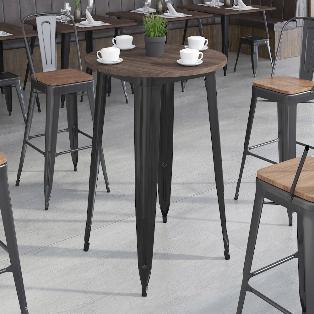 30″ Round Black Metal Indoor Bar Height Table with Walnut Rustic Wood Top