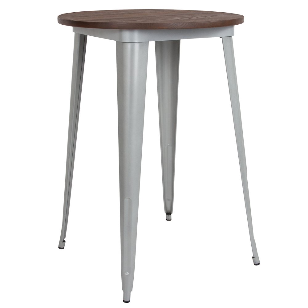 30″ Round Silver Metal Indoor Bar Height Table with Walnut Rustic Wood Top