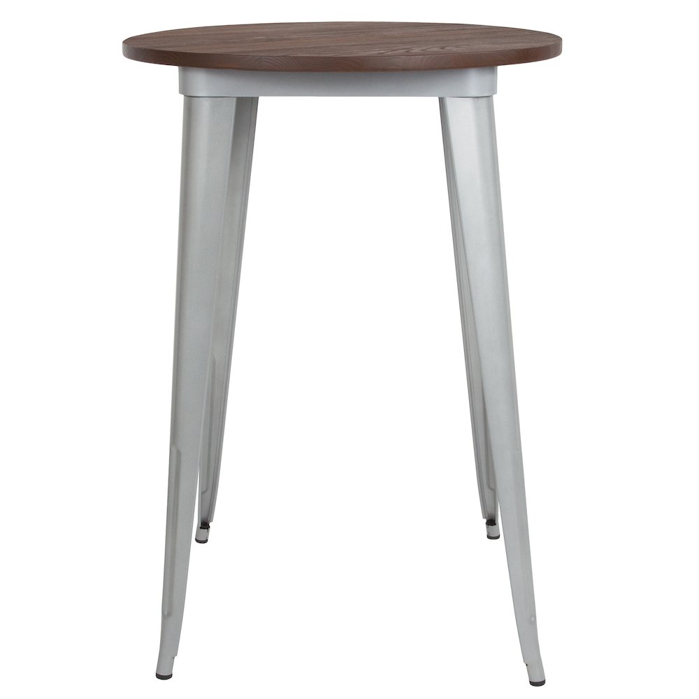 30″ Round Silver Metal Indoor Bar Height Table with Walnut Rustic Wood Top