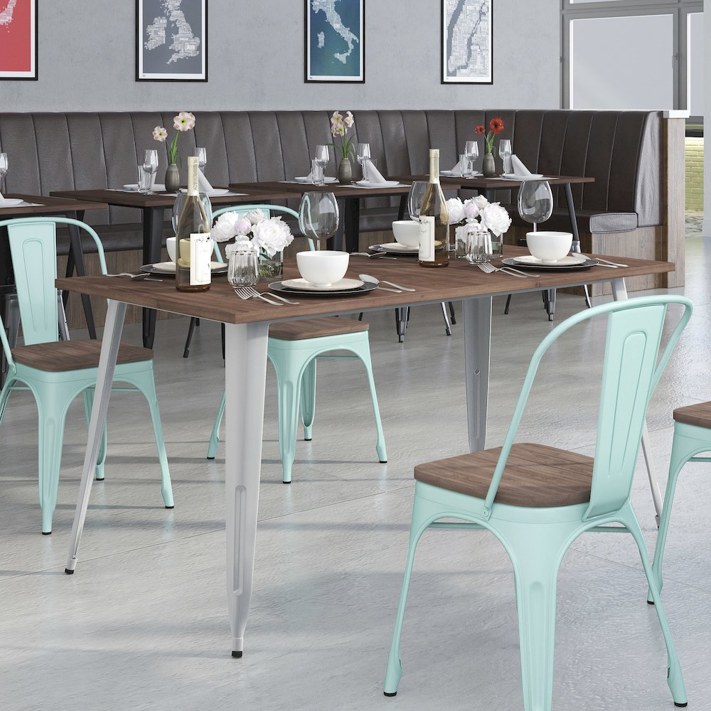 30.25″ x 60″ Rectangular Silver Metal Indoor Table with Walnut Rustic Wood Top