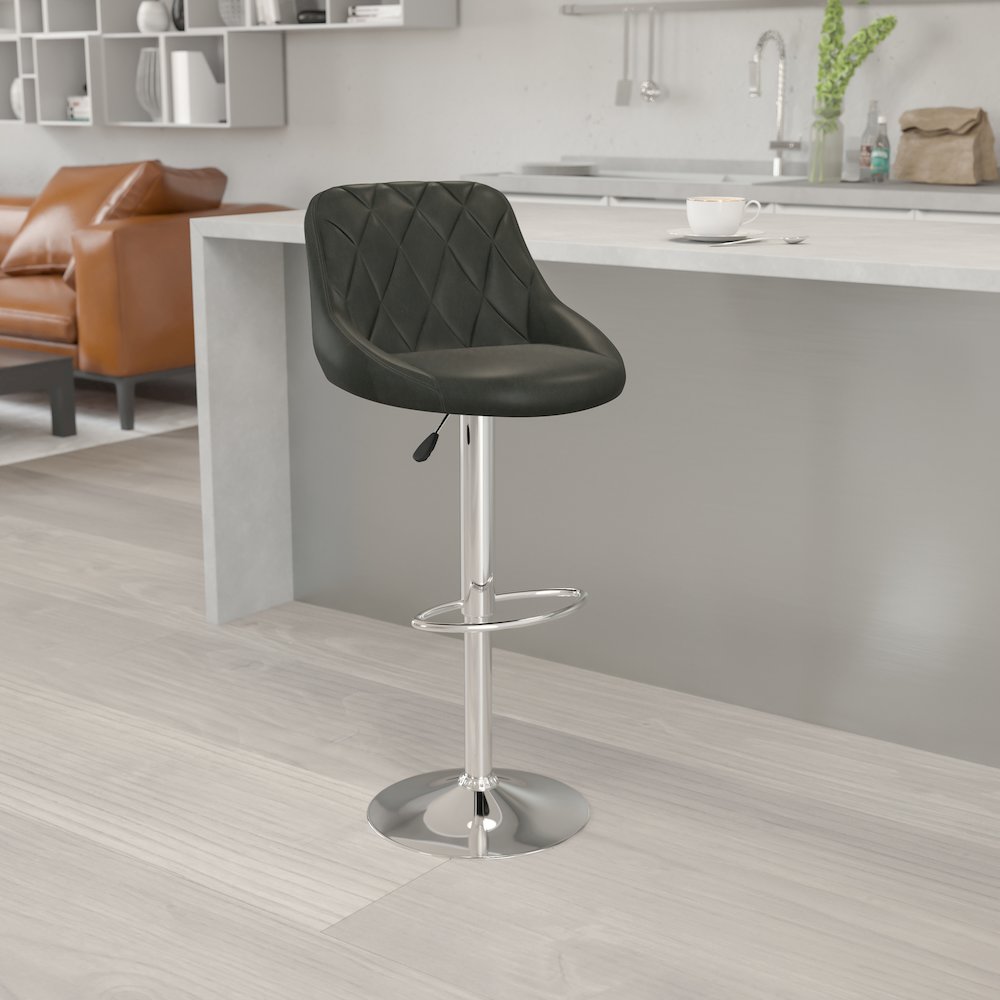 Black Vinyl Bucket Seat Barstool with Diamond Pattern Back and Chrome Base
