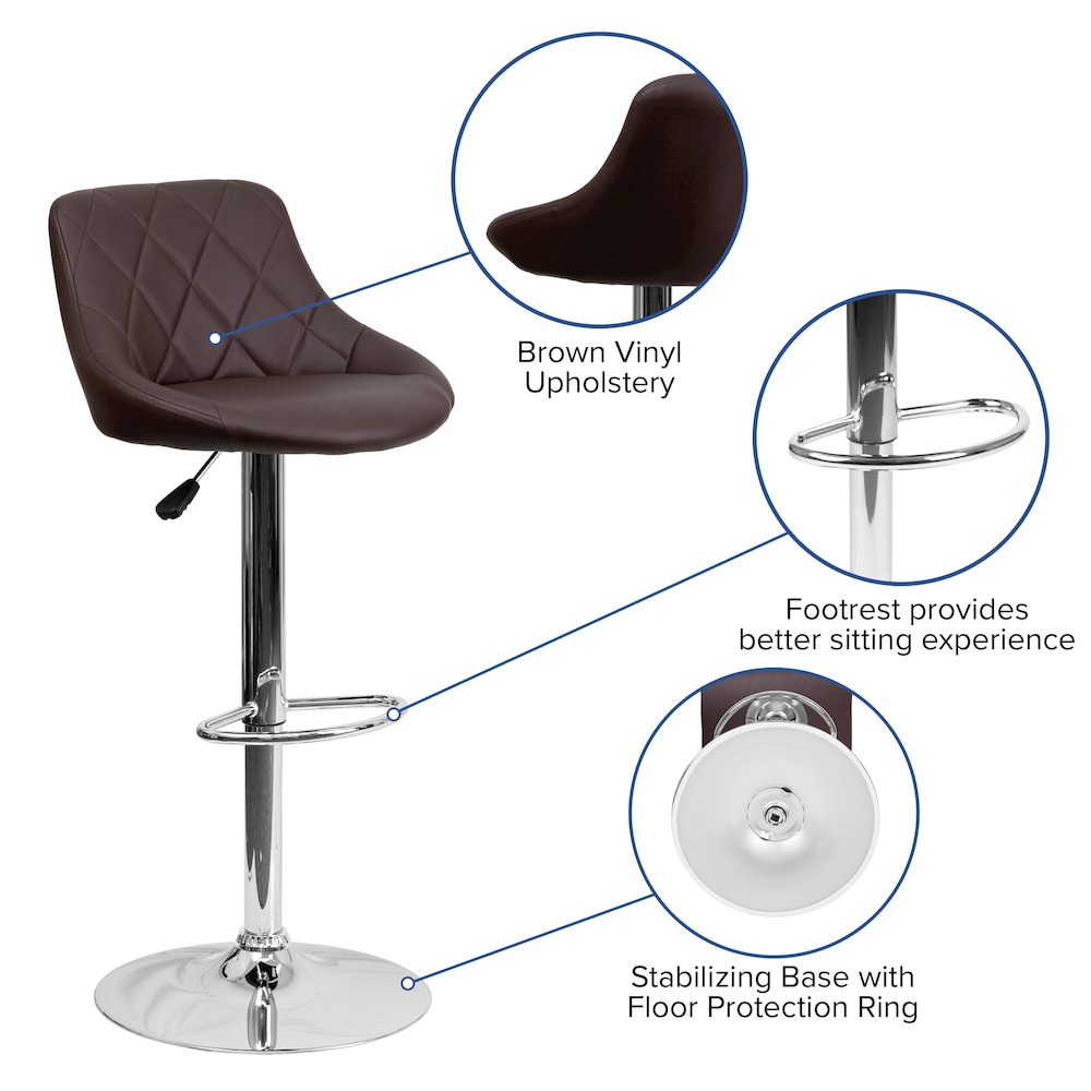 Brown Vinyl Bucket Seat Barstool with Diamond Pattern Back and Chrome Base