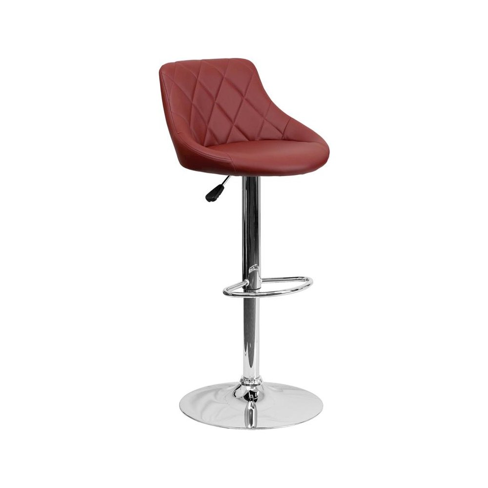 Burgundy Vinyl Bucket Seat Barstool with Diamond Pattern Back and Chrome Base