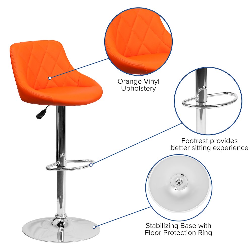 Orange Vinyl Bucket Seat Barstool with Diamond Pattern Back and Chrome Base