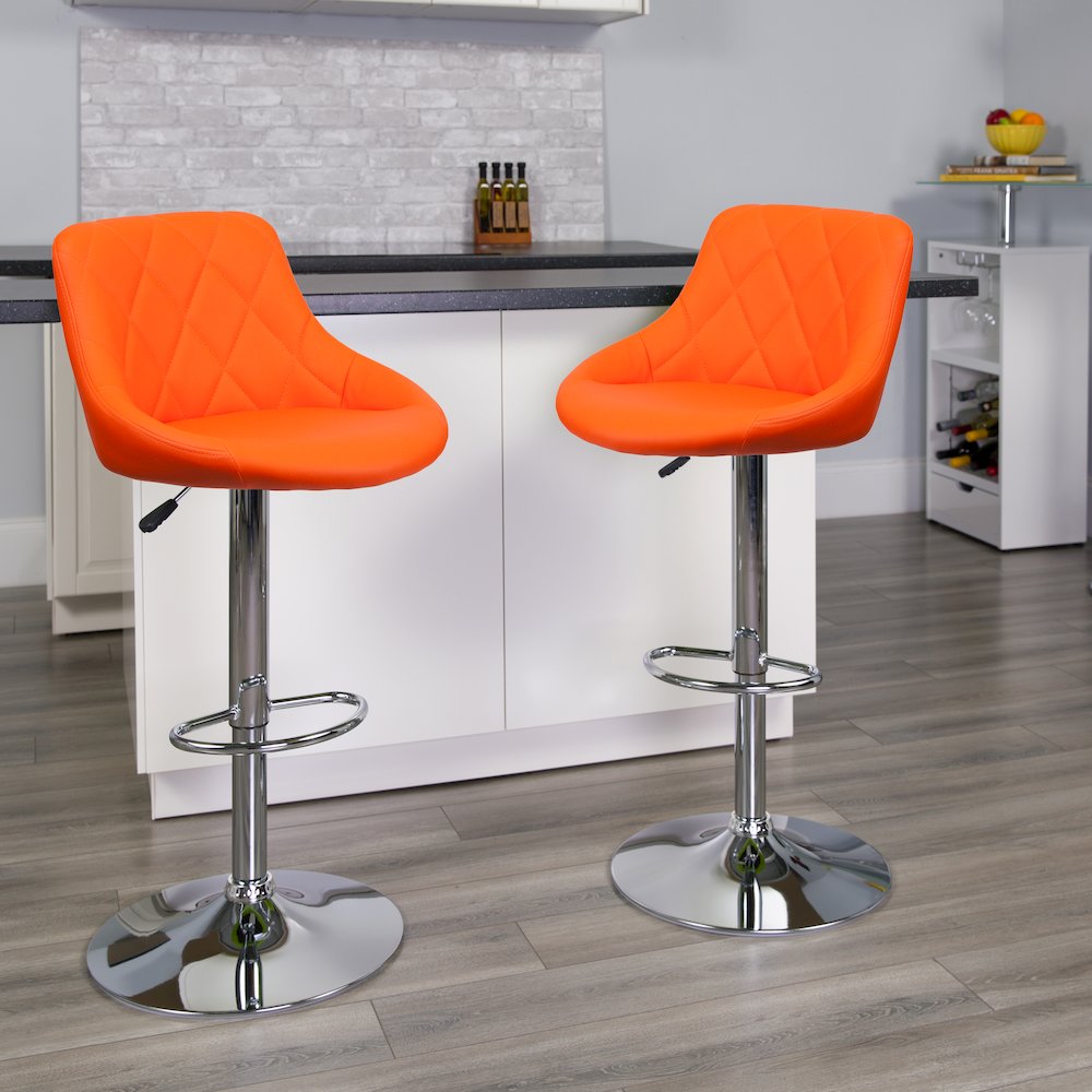 Orange Vinyl Bucket Seat Barstool with Diamond Pattern Back and Chrome Base