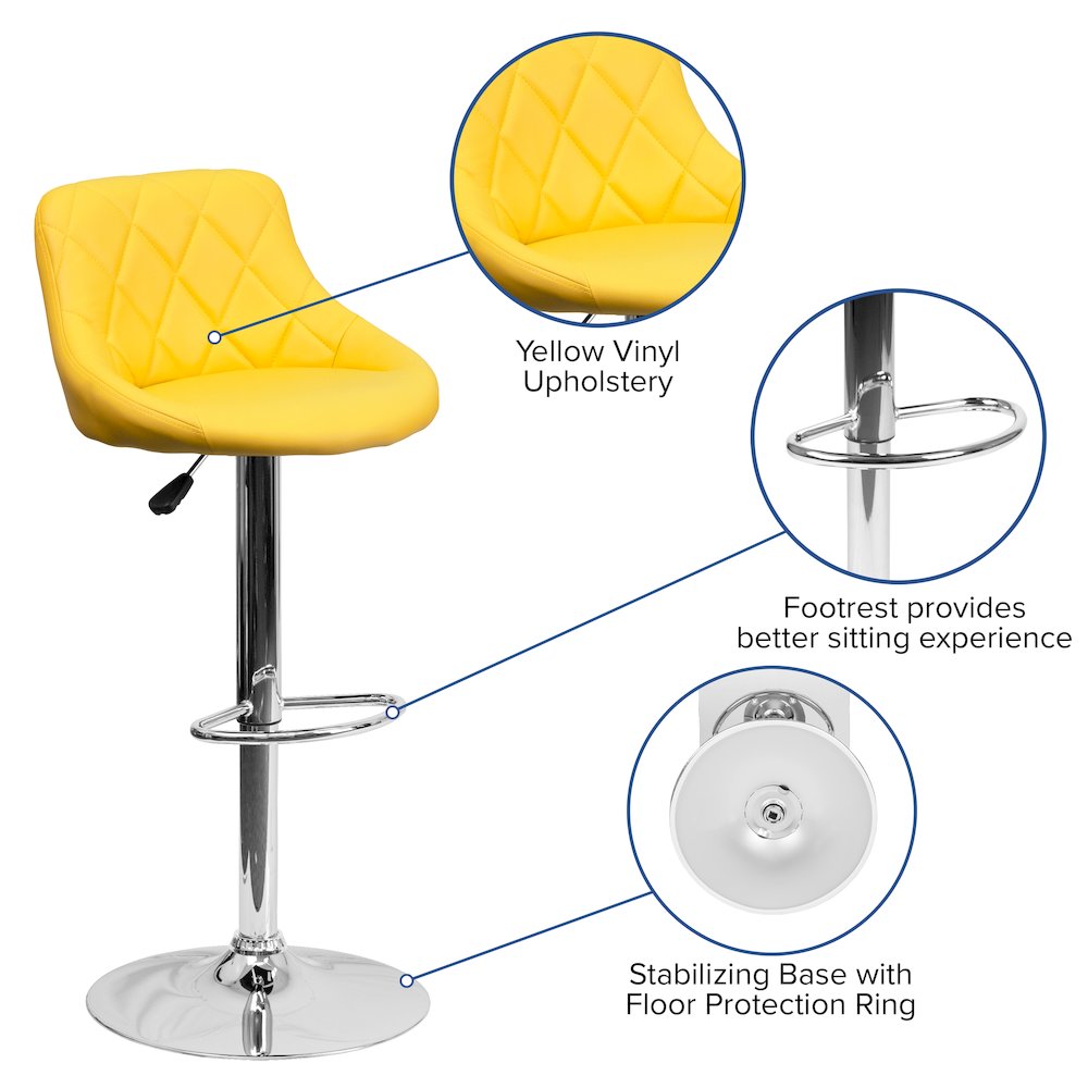 Yellow Vinyl Bucket Seat Barstool with Diamond Pattern Back and Chrome Base