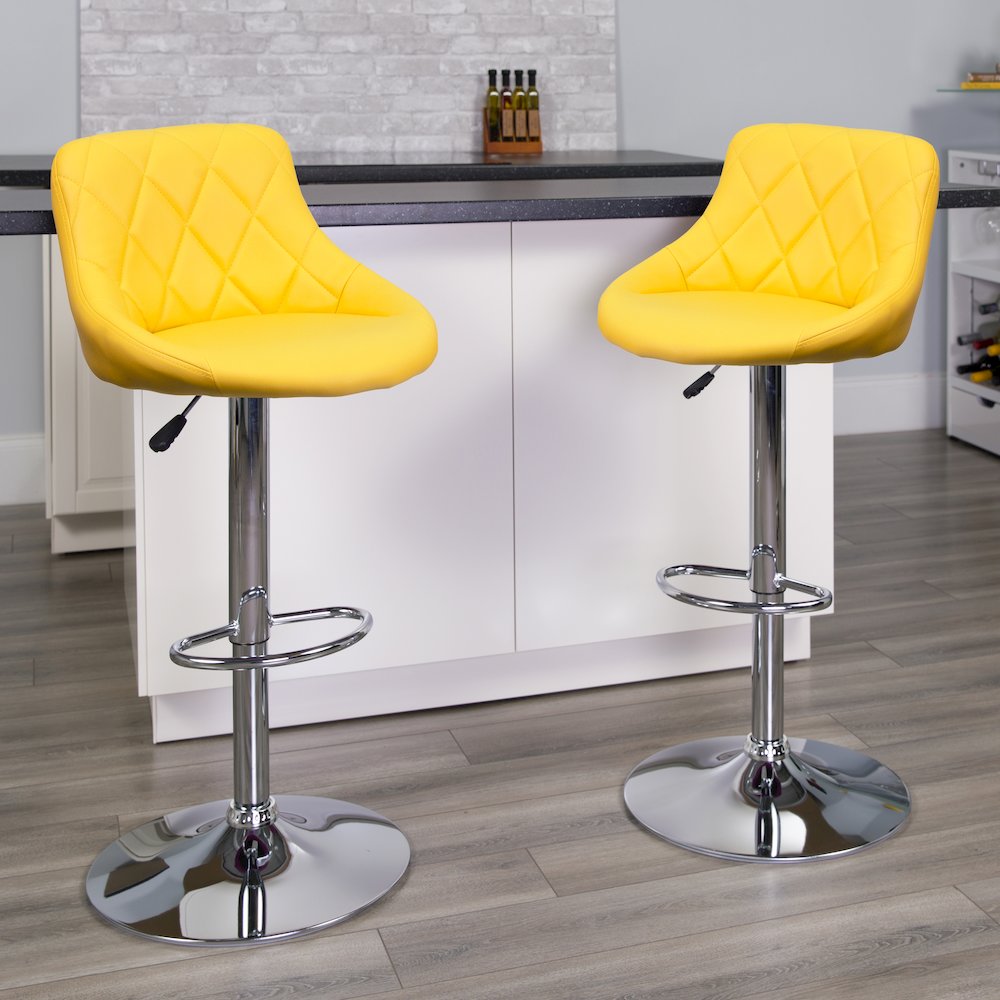 Yellow Vinyl Bucket Seat Barstool with Diamond Pattern Back and Chrome Base