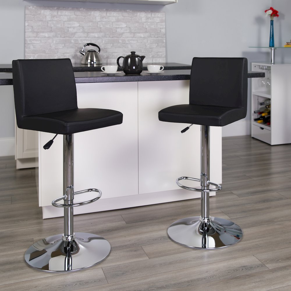 Black Vinyl Adjustable Height Barstool with Panel Back and Chrome Base