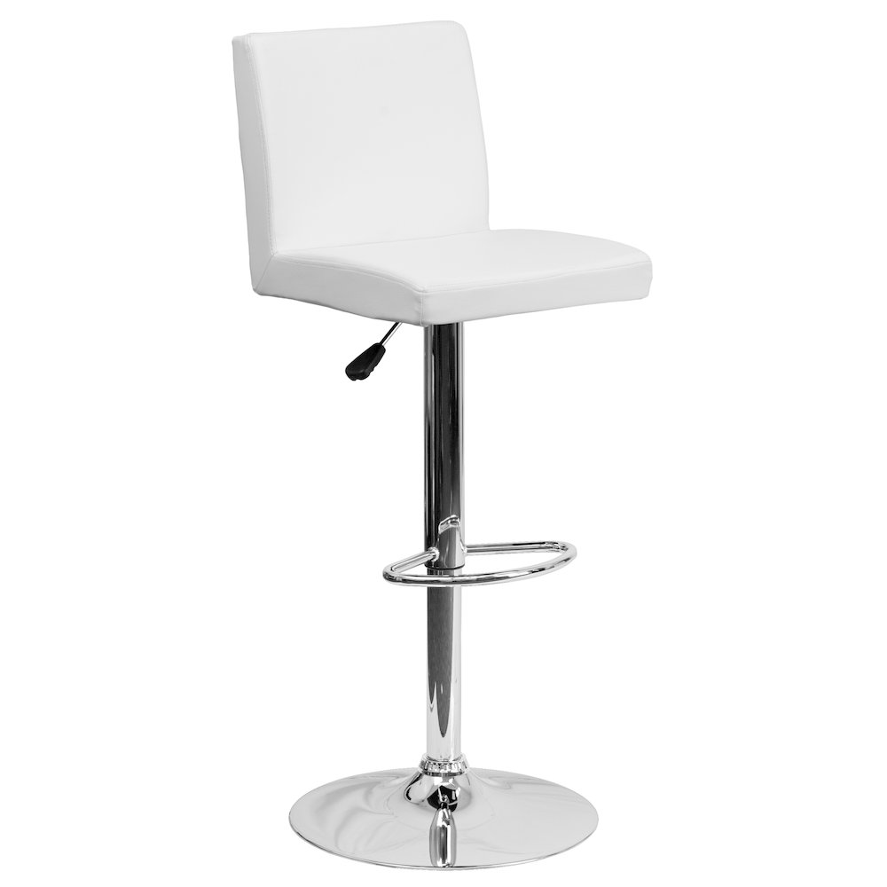 White Vinyl Adjustable Height Barstool with Panel Back and Chrome Base