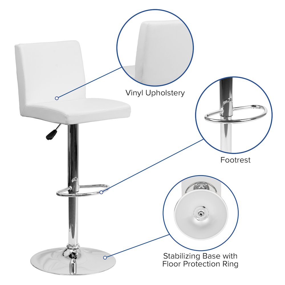 White Vinyl Adjustable Height Barstool with Panel Back and Chrome Base