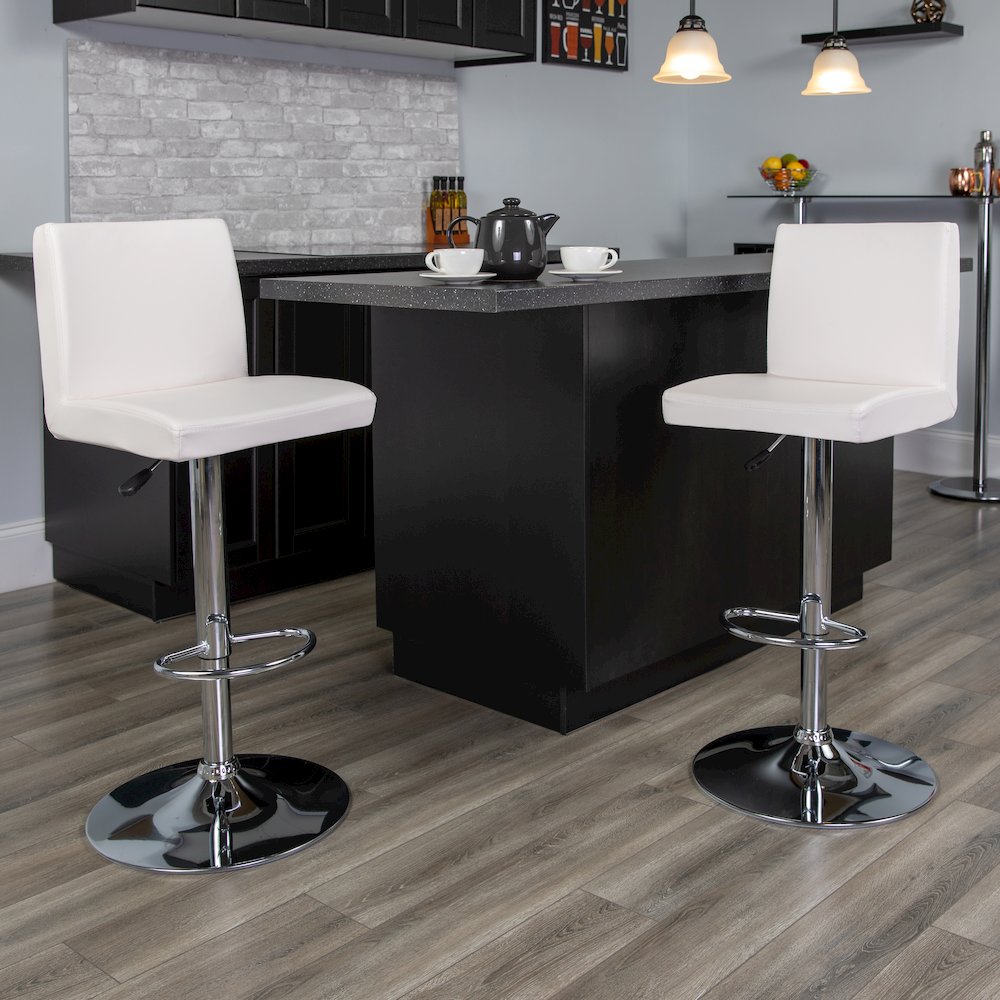 White Vinyl Adjustable Height Barstool with Panel Back and Chrome Base