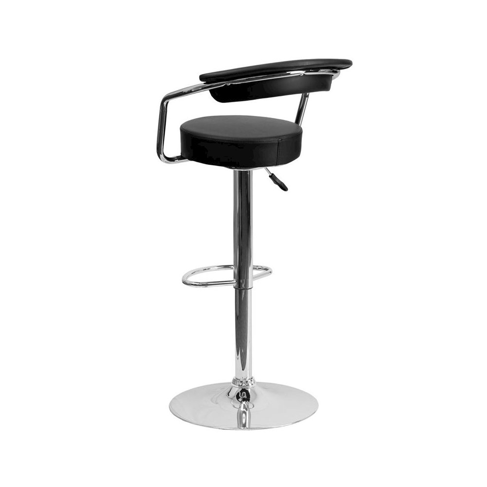 Contemporary Black Vinyl Adjustable Height Barstool with Arms and Chrome Base