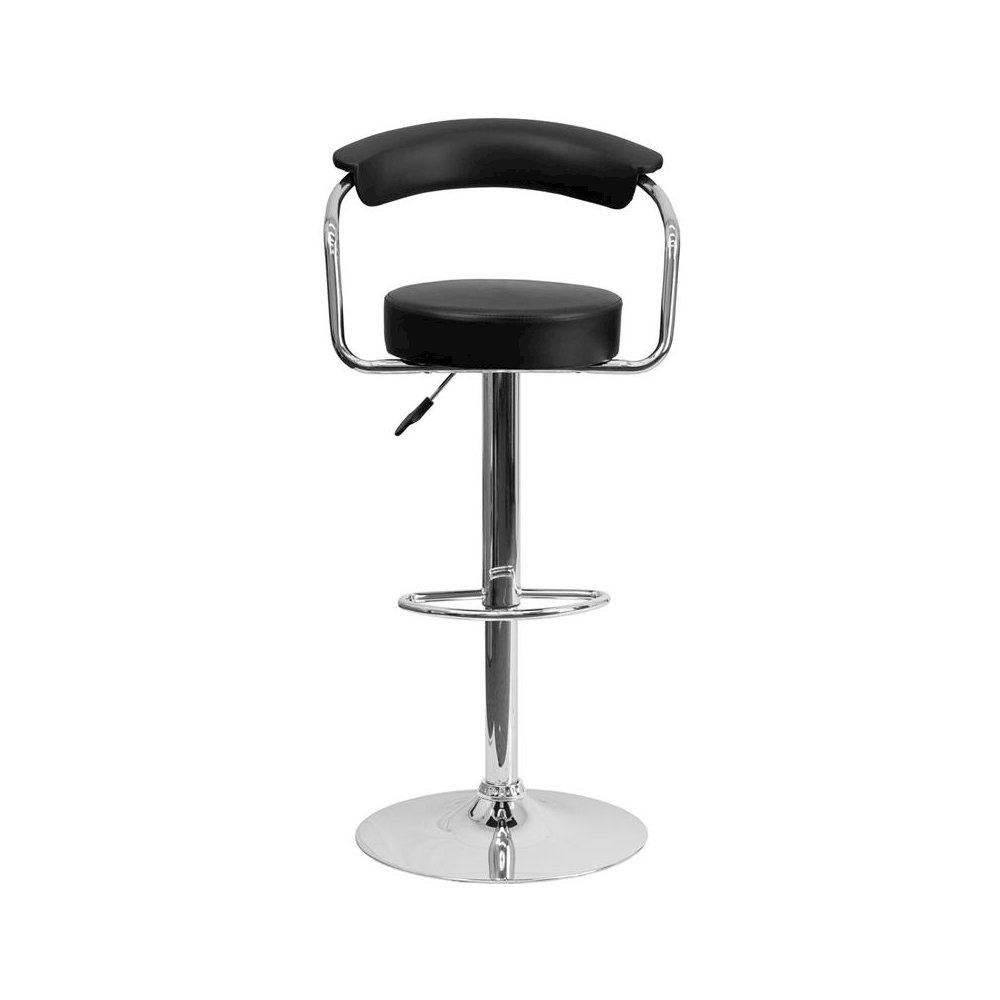 Contemporary Black Vinyl Adjustable Height Barstool with Arms and Chrome Base
