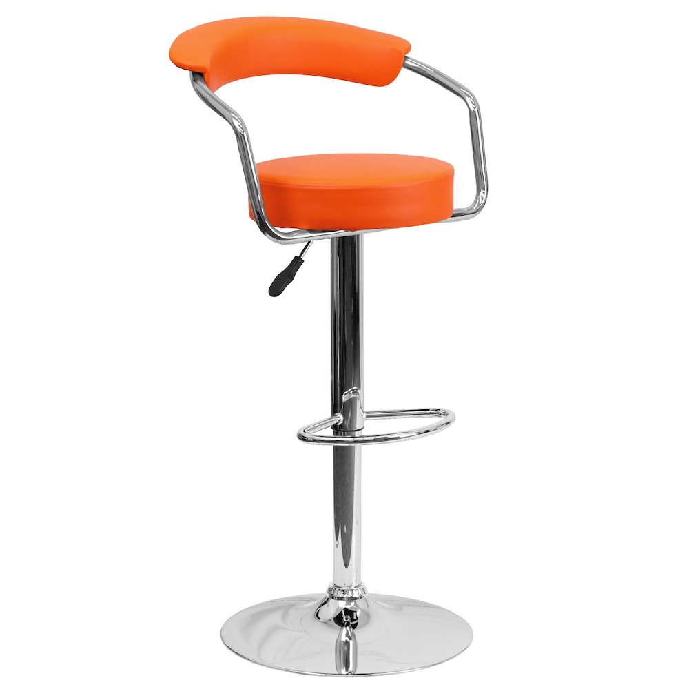 Contemporary Orange Vinyl Adjustable Height Barstool with Arms and Chrome Base