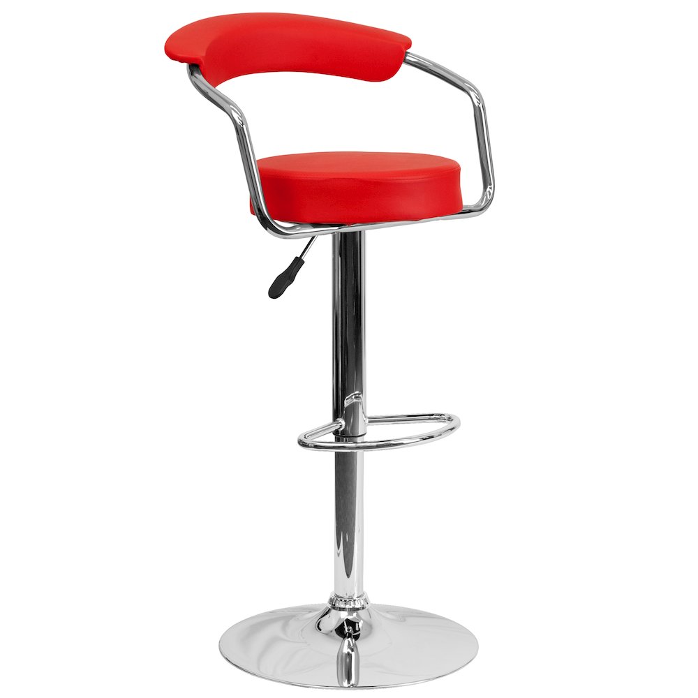 Contemporary Red Vinyl Adjustable Height Barstool with Arms and Chrome Base