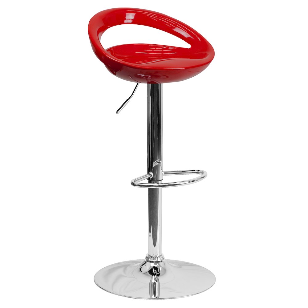 Red Plastic Adjustable Height Barstool with Rounded Cutout Back and Chrome Base