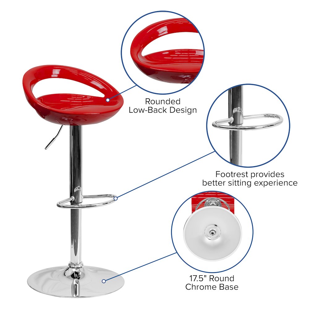 Red Plastic Adjustable Height Barstool with Rounded Cutout Back and Chrome Base