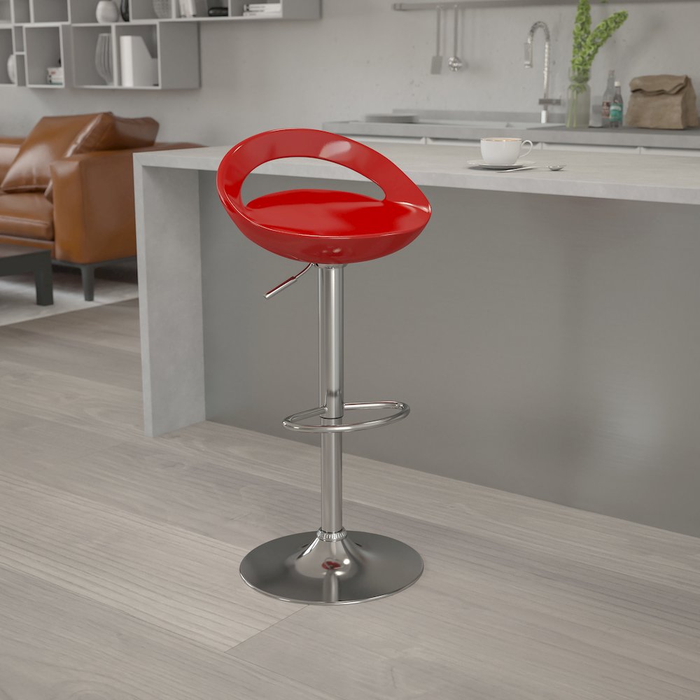 Red Plastic Adjustable Height Barstool with Rounded Cutout Back and Chrome Base