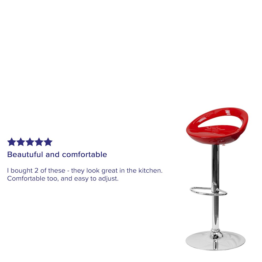 Red Plastic Adjustable Height Barstool with Rounded Cutout Back and Chrome Base