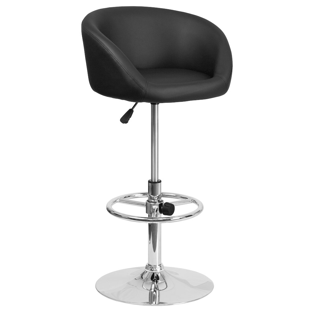 Black Vinyl Adjustable Height Barstool with Barrel Back and Chrome Base
