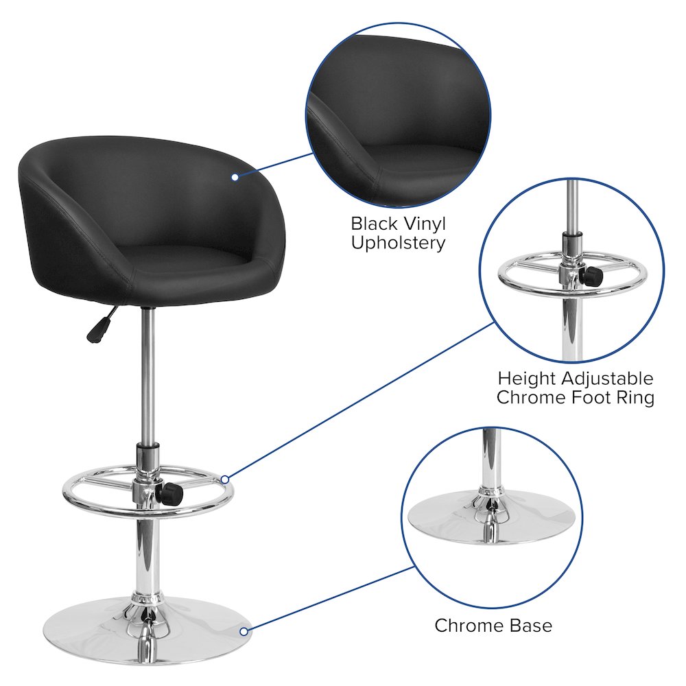 Black Vinyl Adjustable Height Barstool with Barrel Back and Chrome Base
