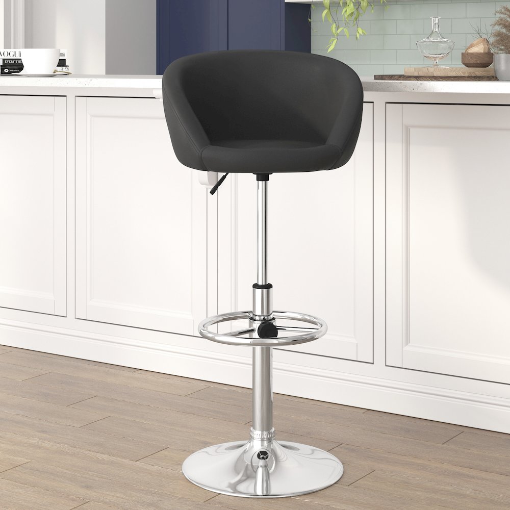 Black Vinyl Adjustable Height Barstool with Barrel Back and Chrome Base