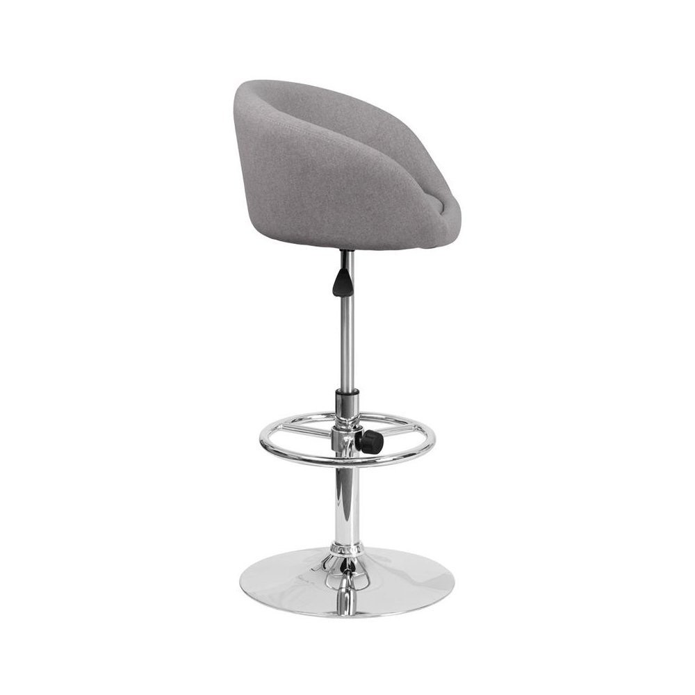 Gray Fabric Adjustable Height Barstool with Barrel Back and Chrome Base