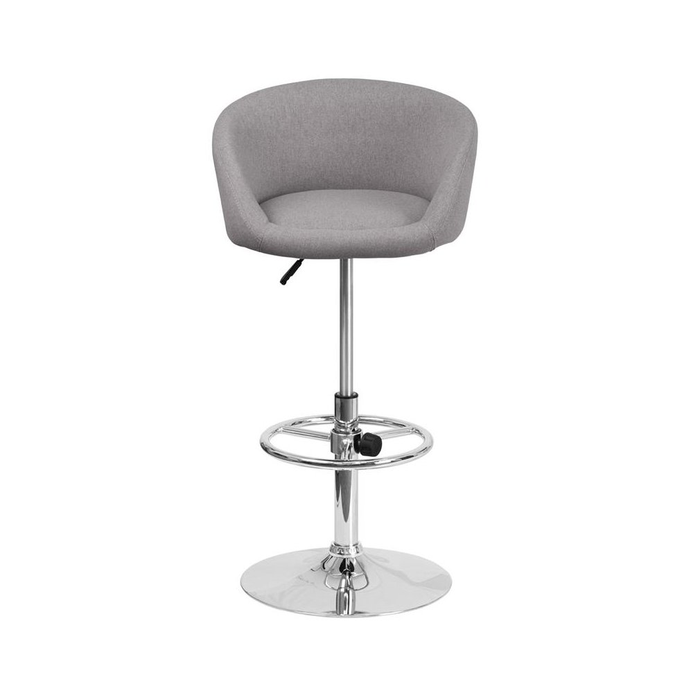 Gray Fabric Adjustable Height Barstool with Barrel Back and Chrome Base