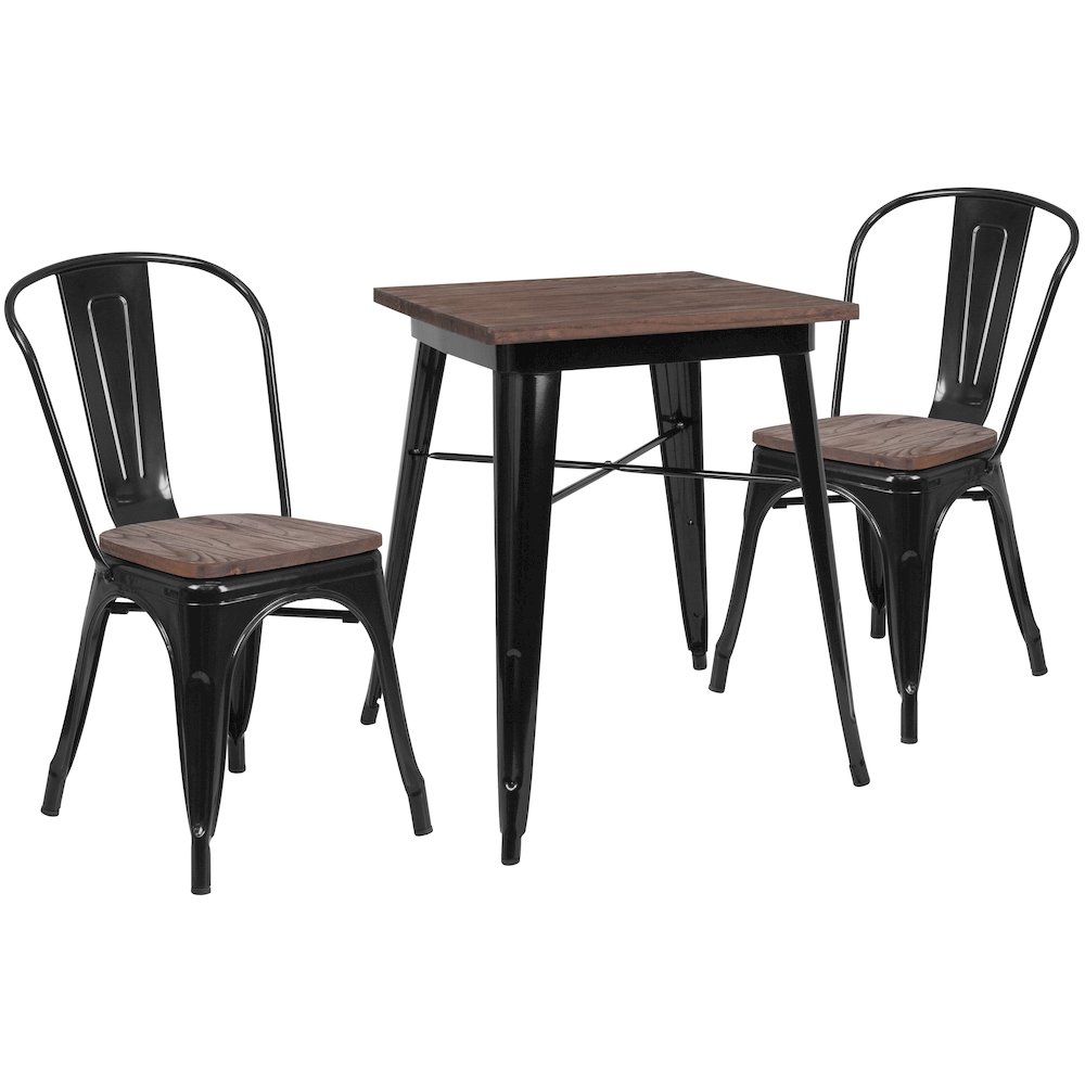 3.5″ Square Black Metal Table Set with Wood Top and 2 Stack Chairs