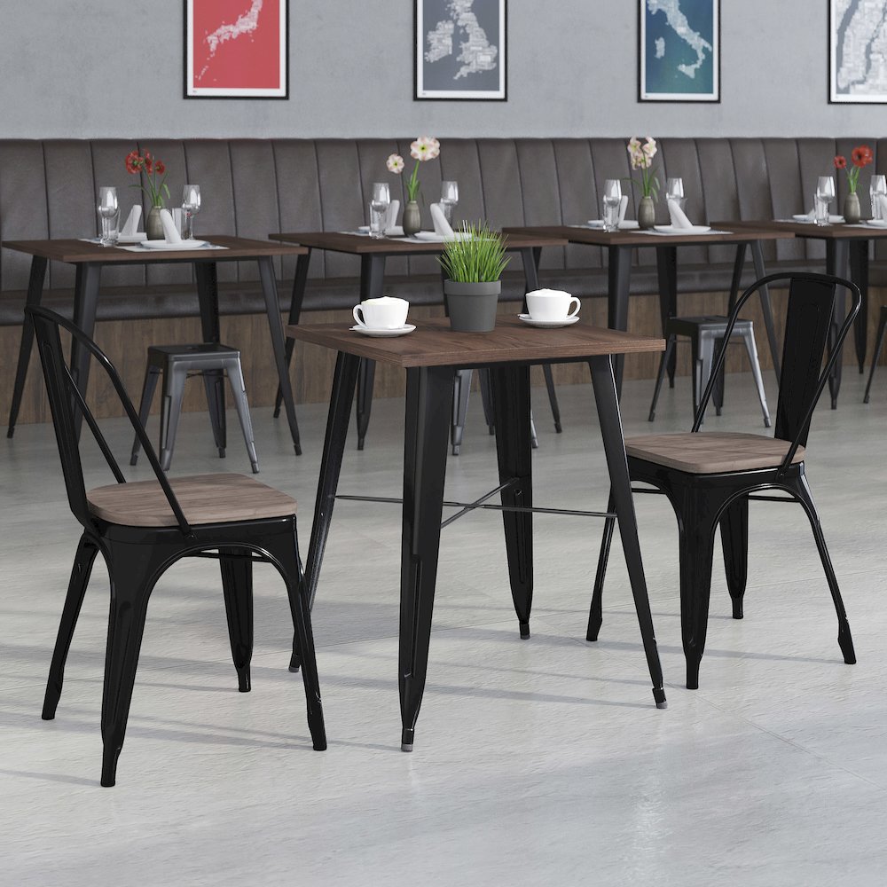 3.5″ Square Black Metal Table Set with Wood Top and 2 Stack Chairs