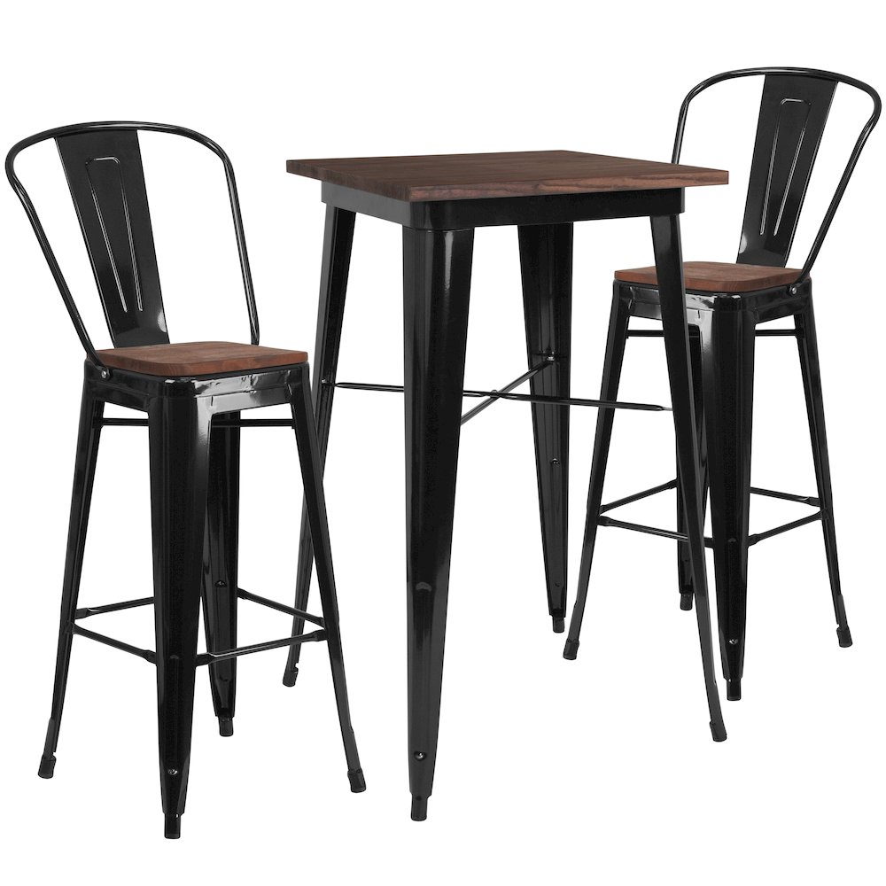 3.5″ Square Black Metal Bar Table Set with Wood Top and 2 Stools