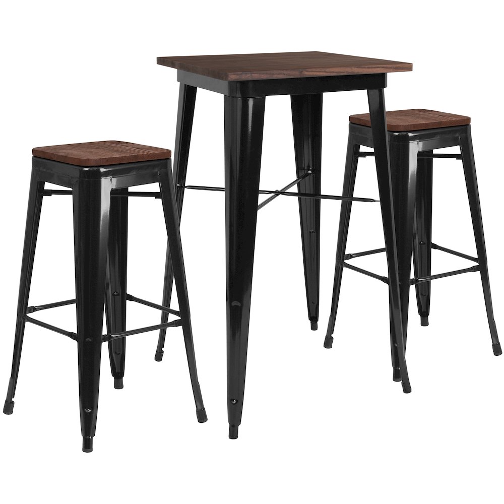 3.5″ Square Black Metal Bar Table Set with Wood Top and 2 Backless Stools