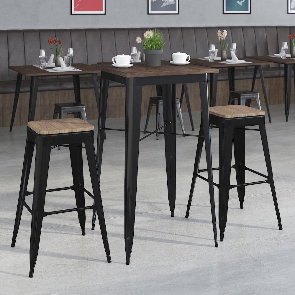 3.5″ Square Black Metal Bar Table Set with Wood Top and 2 Backless Stools
