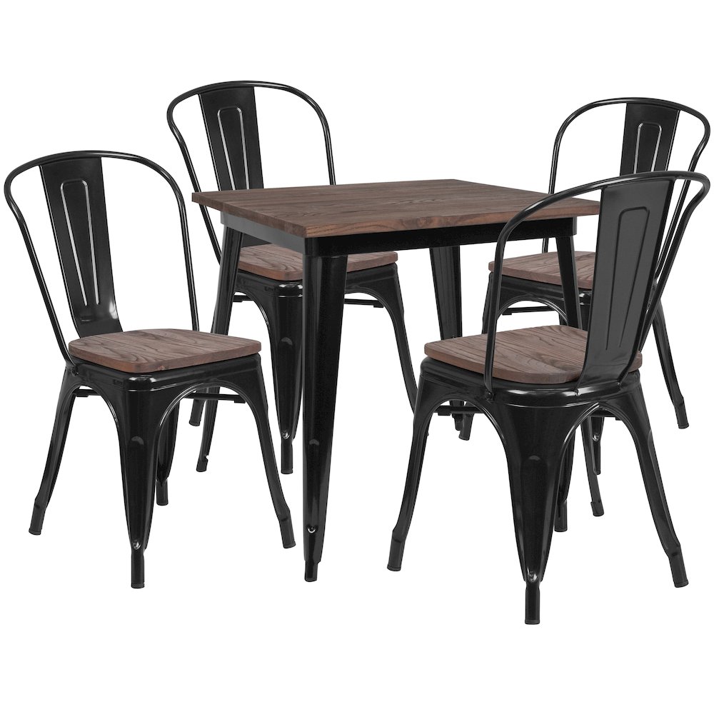 1.5″ Square Black Metal Table Set with Wood Top and 4 Stack Chairs