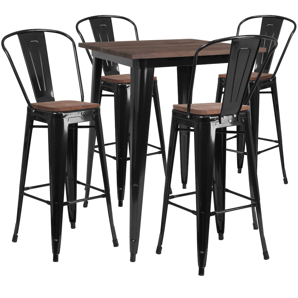 1.5″ Square Black Metal Bar Table Set with Wood Top and 4 Stools