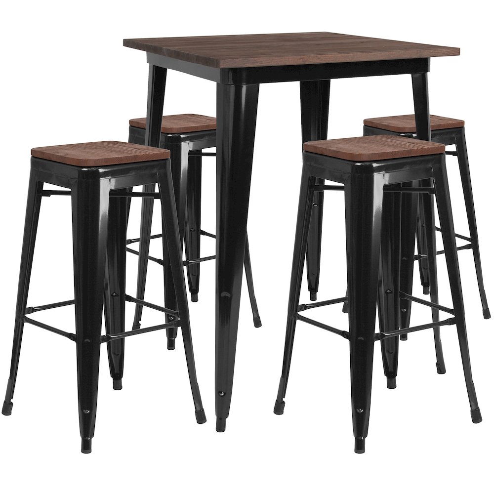 1.5″ Square Black Metal Bar Table Set with Wood Top and 4 Backless Stools