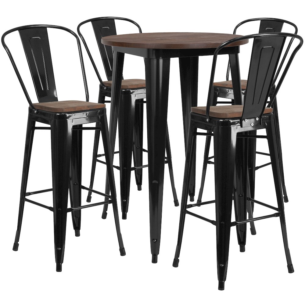 30″ Round Black Metal Bar Table Set with Wood Top and 4 Stools