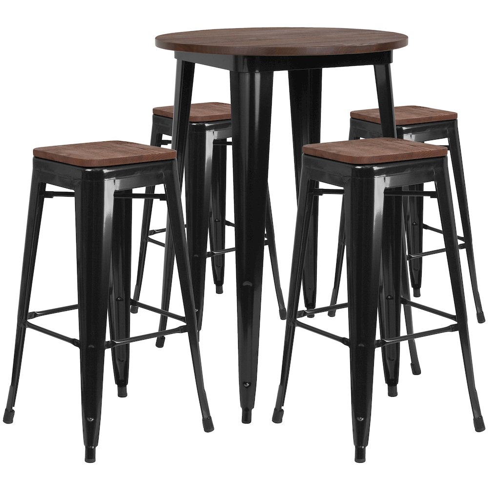 30″ Round Black Metal Bar Table Set with Wood Top and 4 Backless Stools