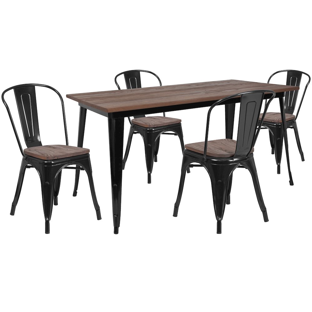 0.25″ x 60″ Black Metal Table Set with Wood Top and 4 Stack Chairs
