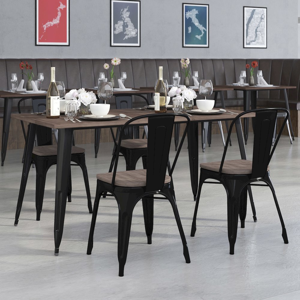0.25″ x 60″ Black Metal Table Set with Wood Top and 4 Stack Chairs