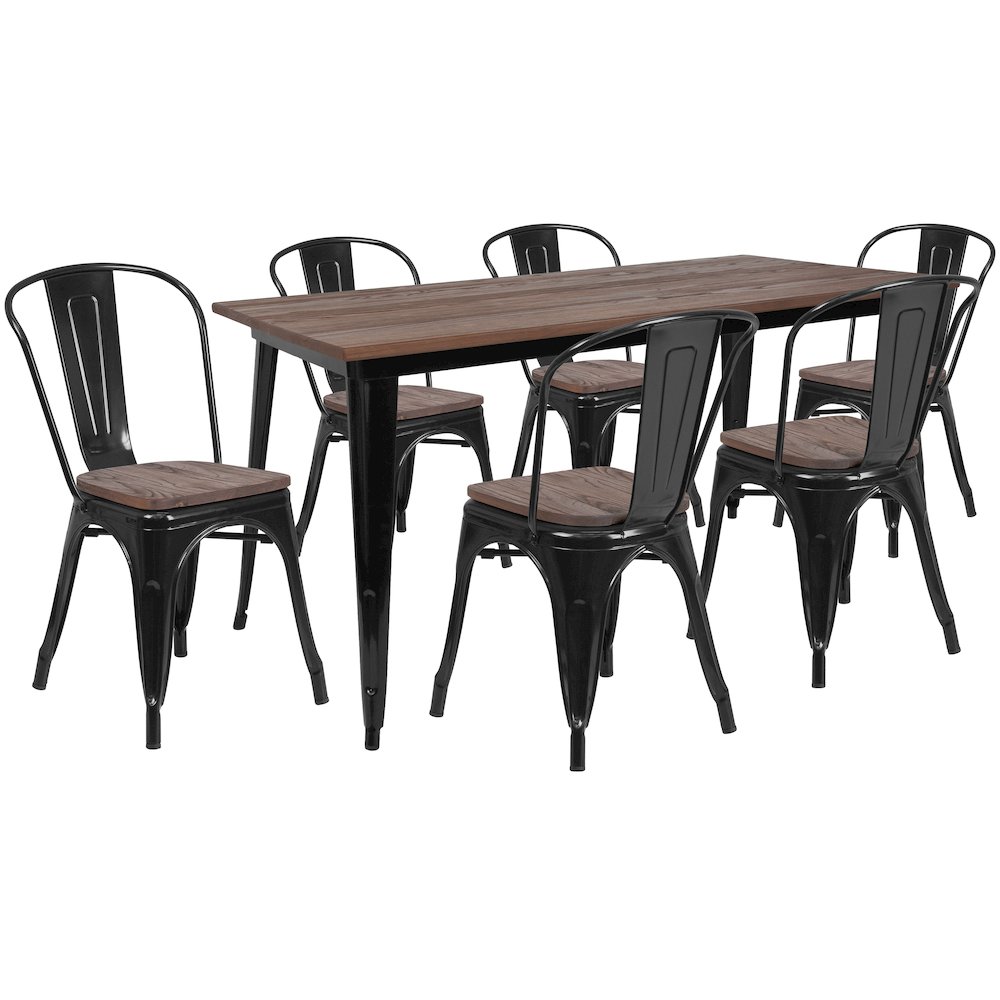 0.25″ x 60″ Black Metal Table Set with Wood Top and 6 Stack Chairs