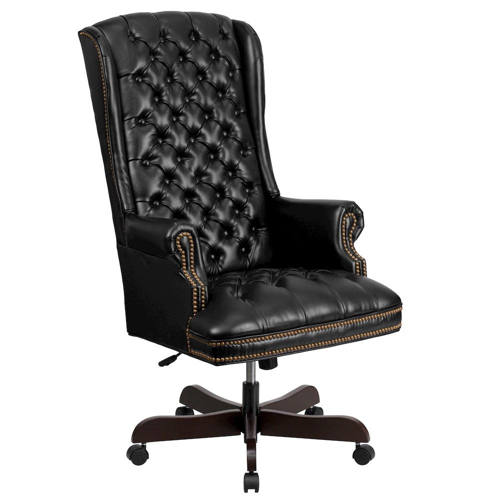 High Back Traditional Fully Tufted Black Executive Swivel Office Chair with Arms