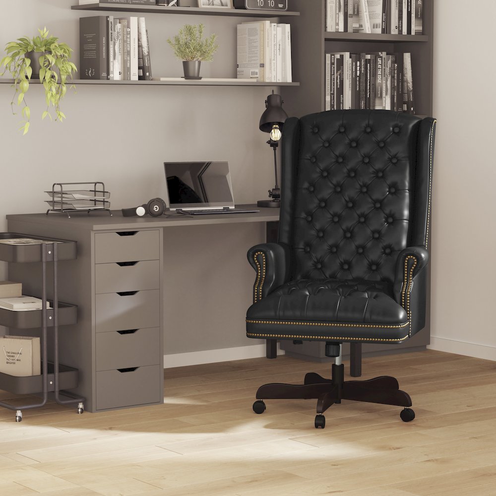 High Back Traditional Fully Tufted Black Executive Swivel Office Chair with Arms