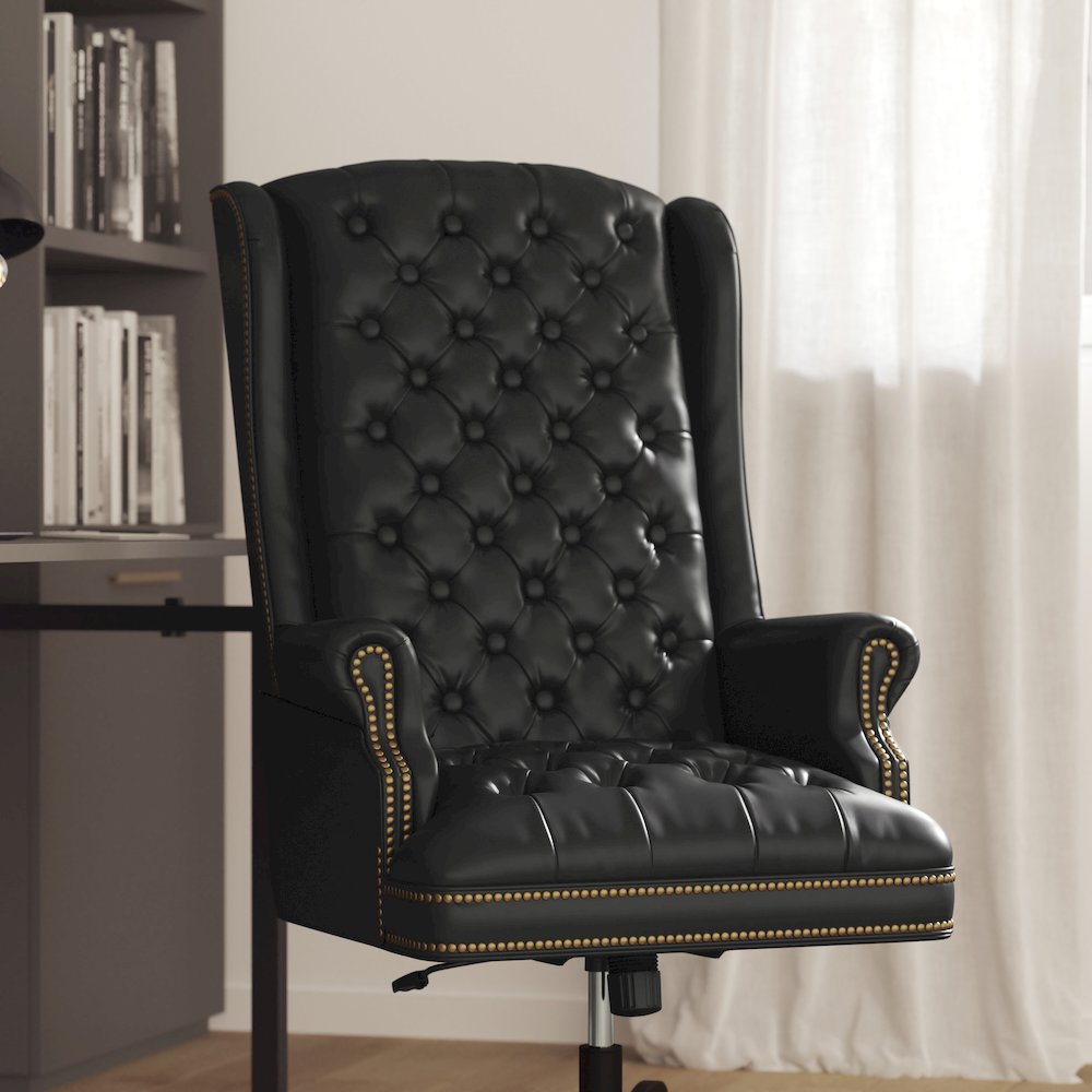 High Back Traditional Fully Tufted Black Executive Swivel Office Chair with Arms