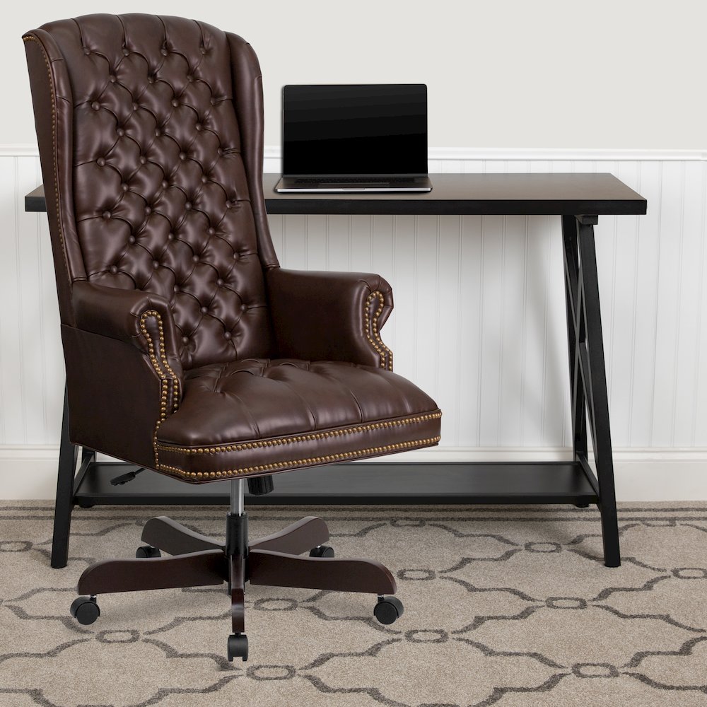 High Back Traditional Fully Tufted Brown Executive Swivel Office Chair with Arms