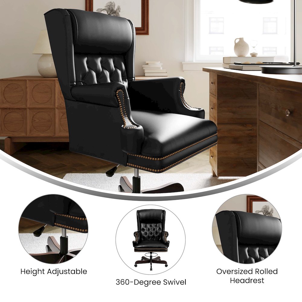 High Back Black Executive Office Chair with Oversized Headrest & Nail Trim Arms