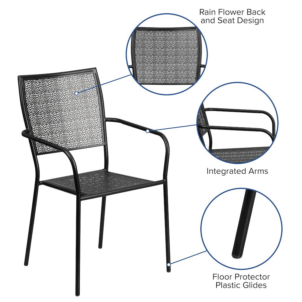 Commercial Grade Black Indoor-Outdoor Steel Patio Arm Chair with Square Back