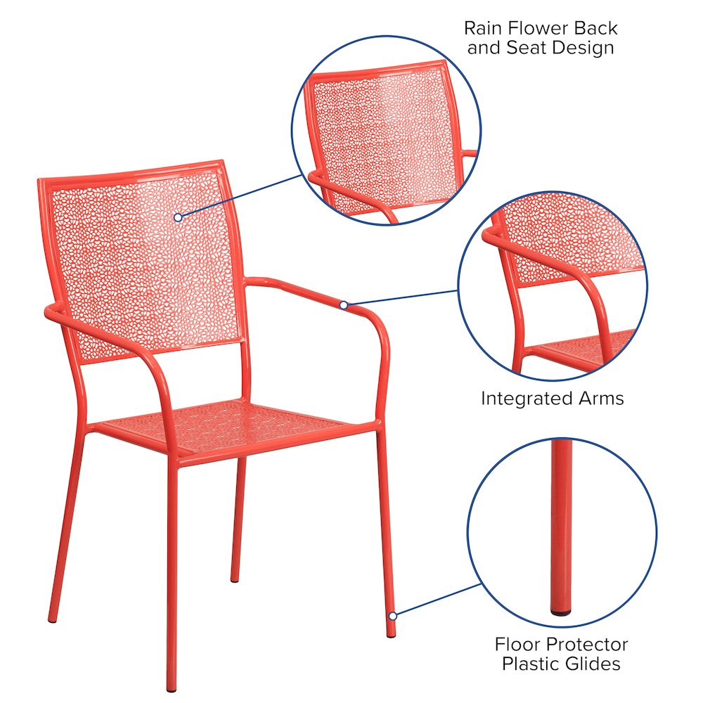 Commercial Grade Coral Indoor-Outdoor Steel Patio Arm Chair with Square Back