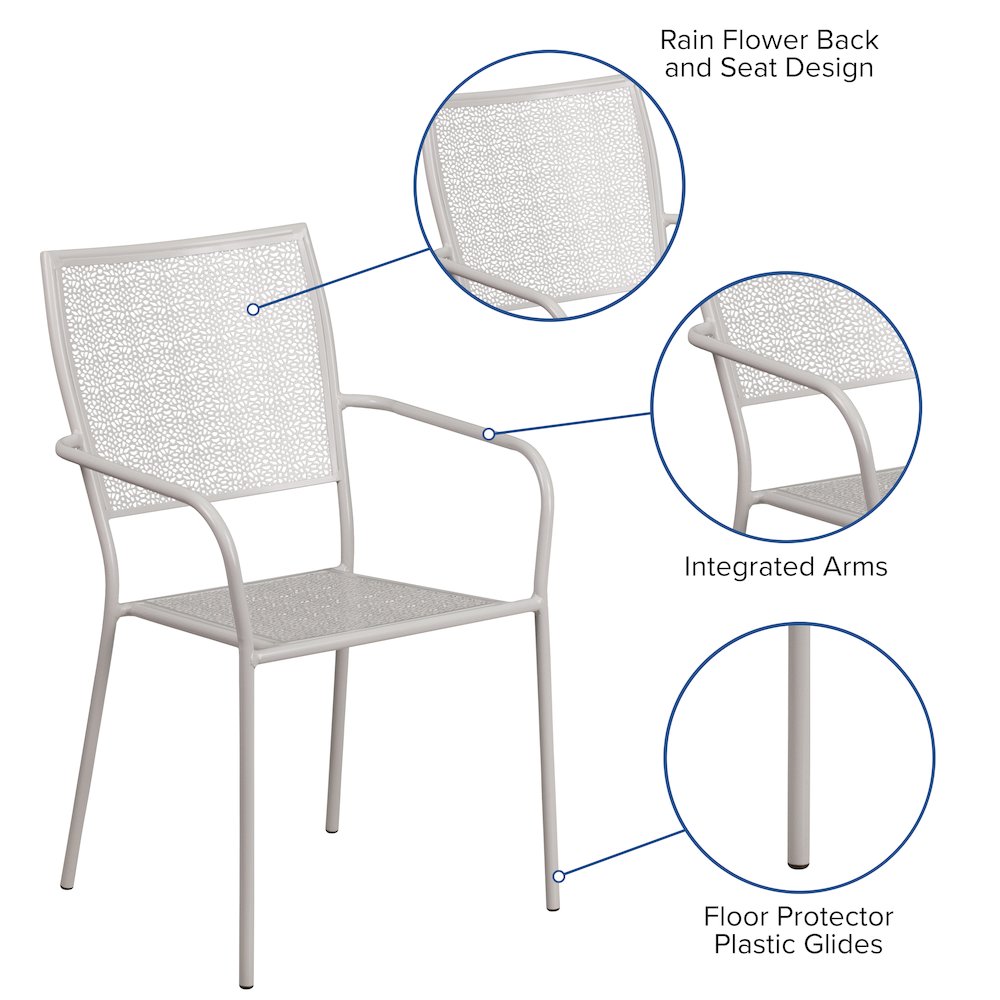 Light Gray Indoor-Outdoor Steel Patio Arm Chair with Square Back
