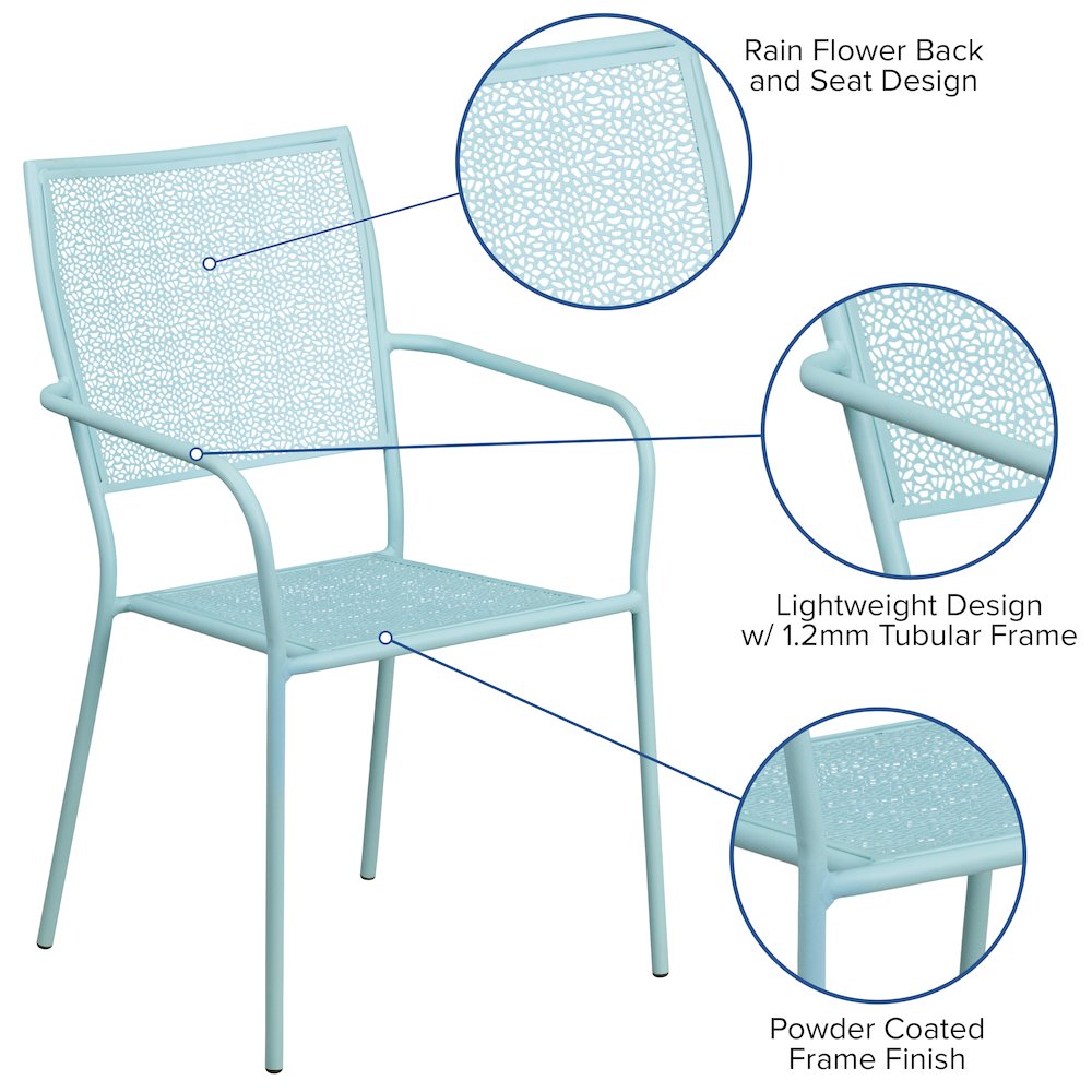 Sky Blue Indoor-Outdoor Steel Patio Arm Chair with Square Back